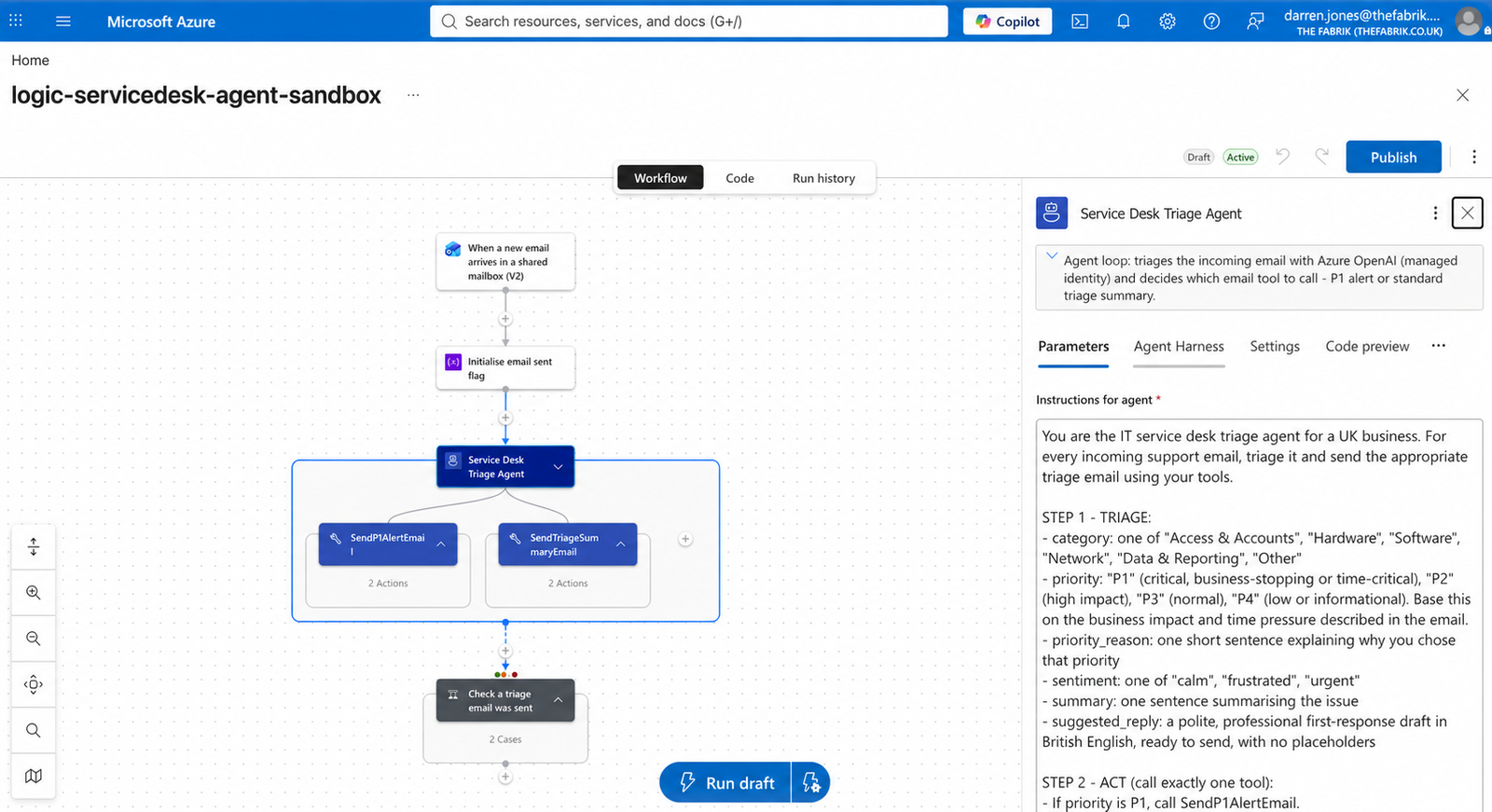 Azure Logic Apps service desk triage agent configuration with instructions and email tools